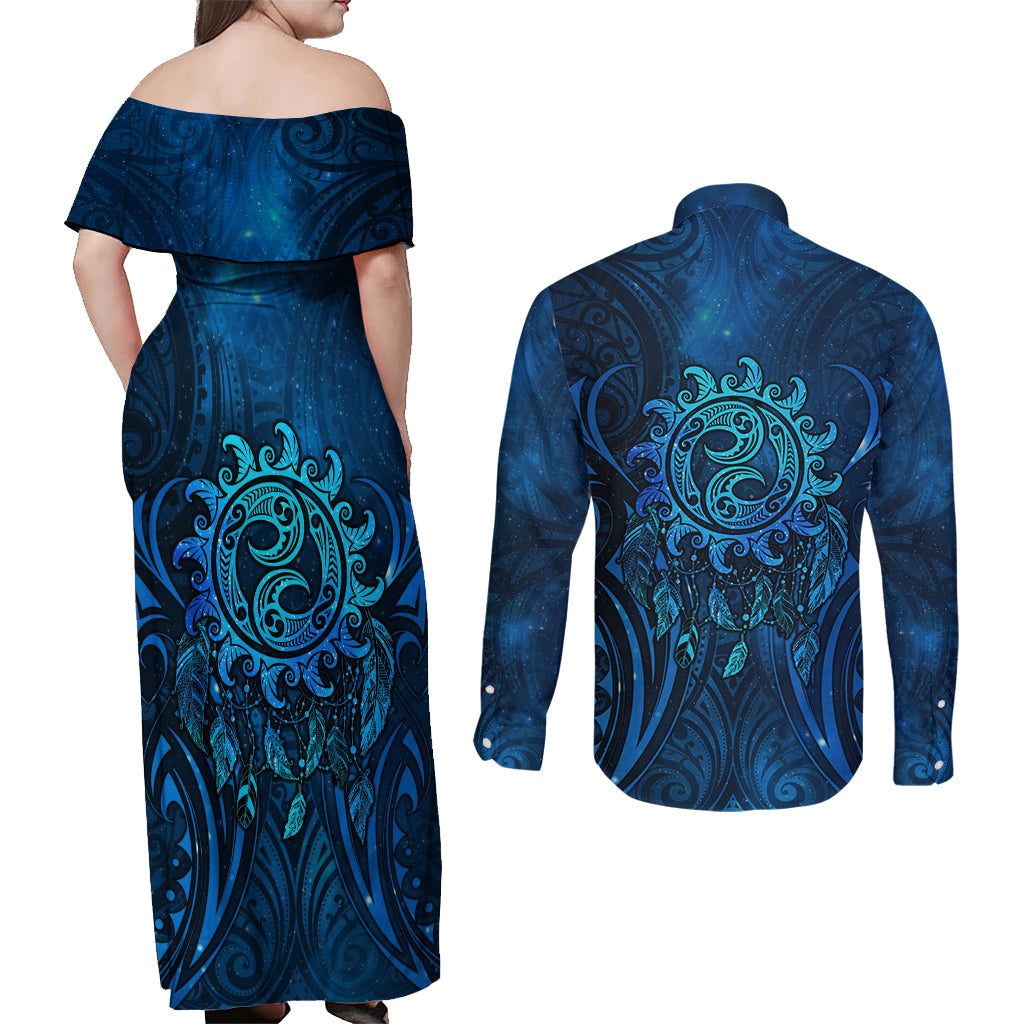 New Zealand Dream Catcher Couples Matching Off Shoulder Maxi Dress and Long Sleeve Button Shirt Maori Koru Pattern Blue Version LT05 - Polynesian Pride