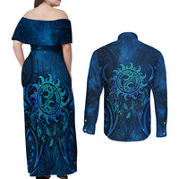 New Zealand Dream Catcher Couples Matching Off Shoulder Maxi Dress and Long Sleeve Button Shirt Maori Koru Pattern Blue Version LT05 - Polynesian Pride