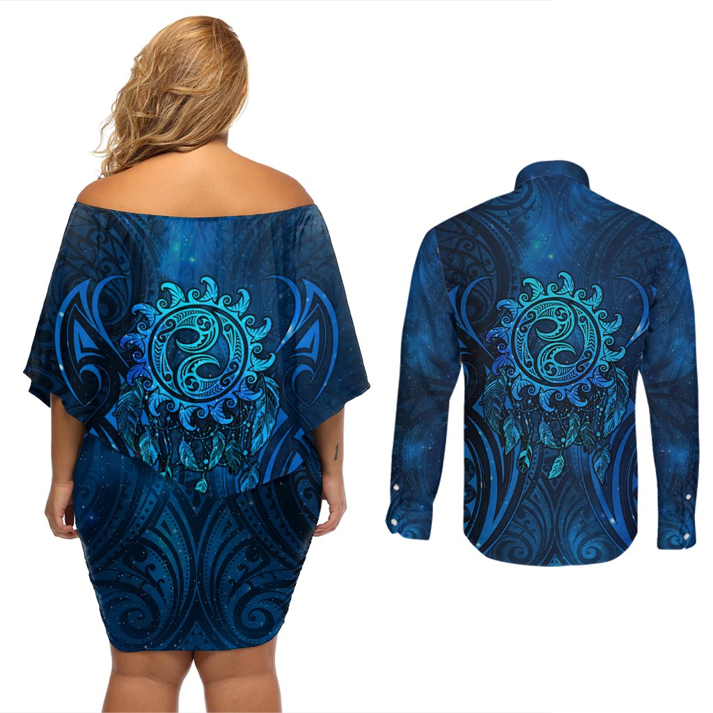 New Zealand Dream Catcher Couples Matching Off Shoulder Short Dress and Long Sleeve Button Shirt Maori Koru Pattern Blue Version
