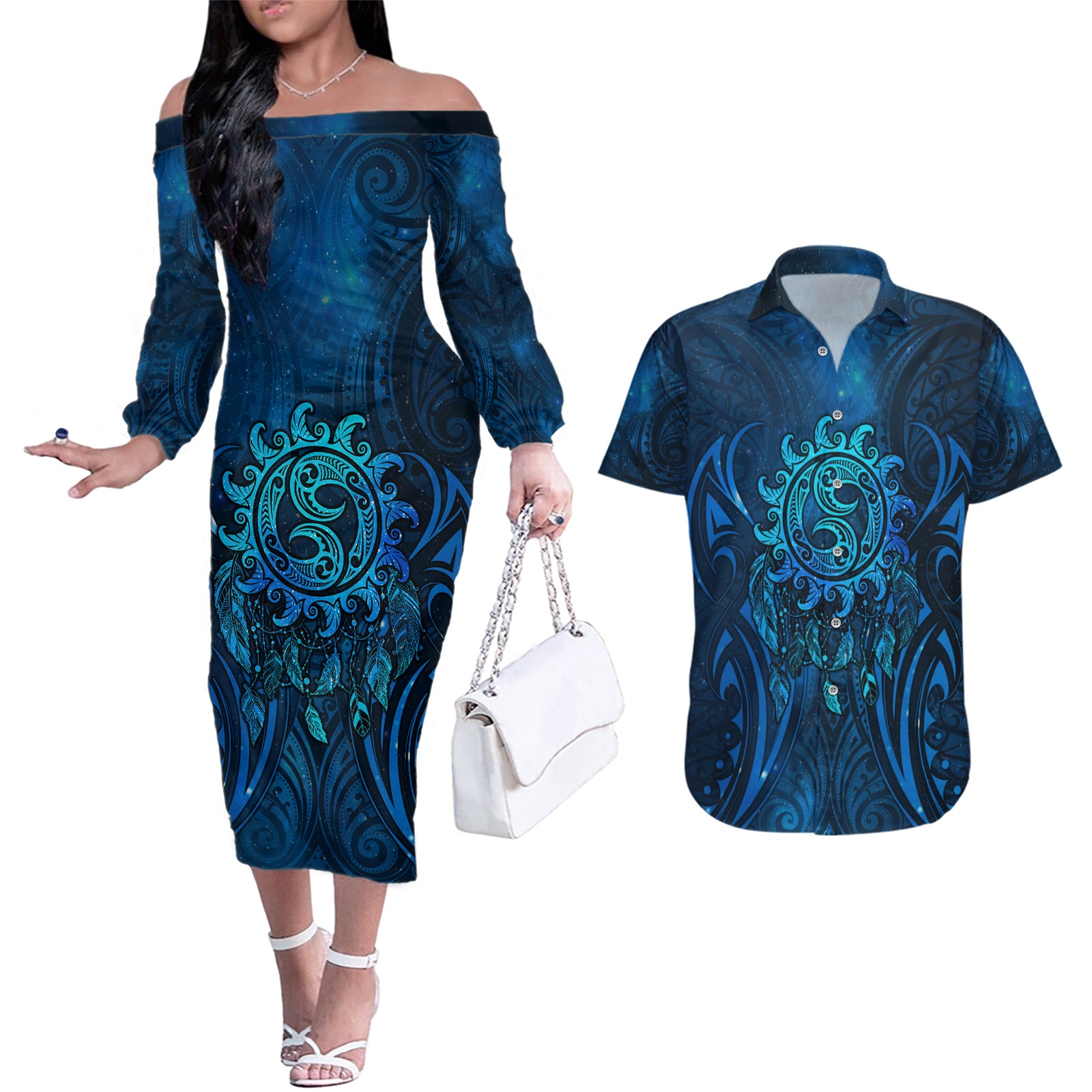 New Zealand Dream Catcher Couples Matching Off The Shoulder Long Sleeve Dress and Hawaiian Shirt Maori Koru Pattern Blue Version LT05 Blue - Polynesian Pride