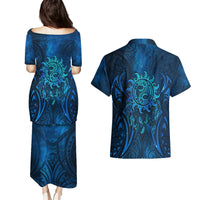 New Zealand Dream Catcher Couples Matching Puletasi and Hawaiian Shirt Maori Koru Pattern Blue Version