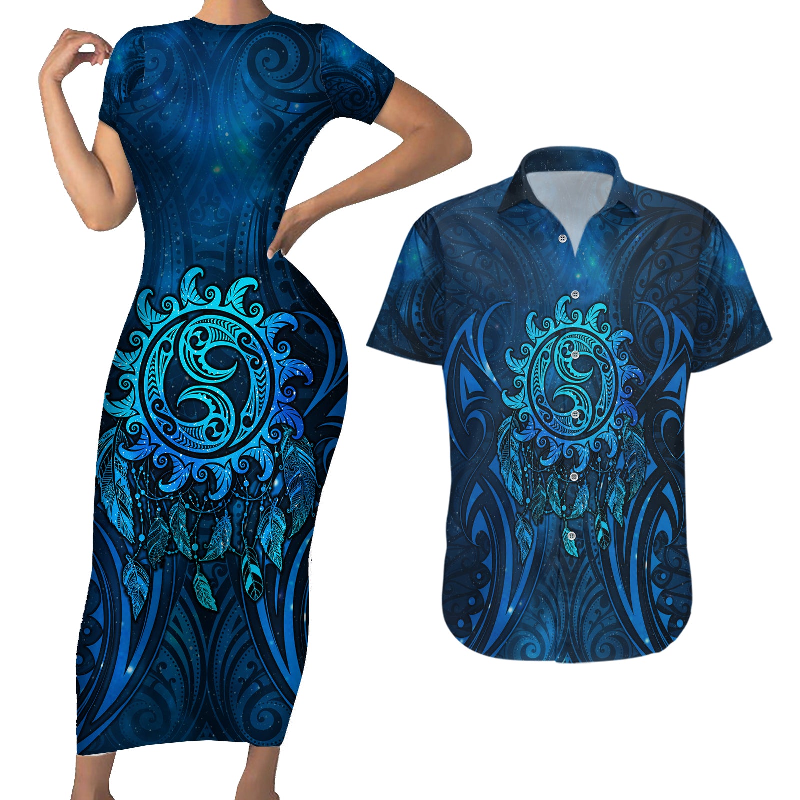 New Zealand Dream Catcher Couples Matching Short Sleeve Bodycon Dress and Hawaiian Shirt Maori Koru Pattern Blue Version LT05 Blue - Polynesian Pride