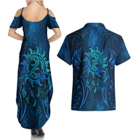 New Zealand Dream Catcher Couples Matching Summer Maxi Dress and Hawaiian Shirt Maori Koru Pattern Blue Version