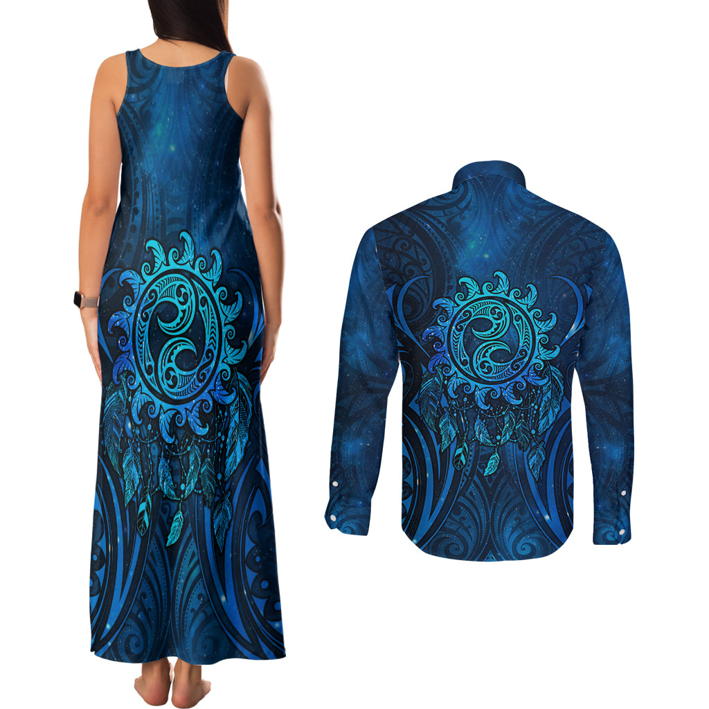 New Zealand Dream Catcher Couples Matching Tank Maxi Dress and Long Sleeve Button Shirt Maori Koru Pattern Blue Version