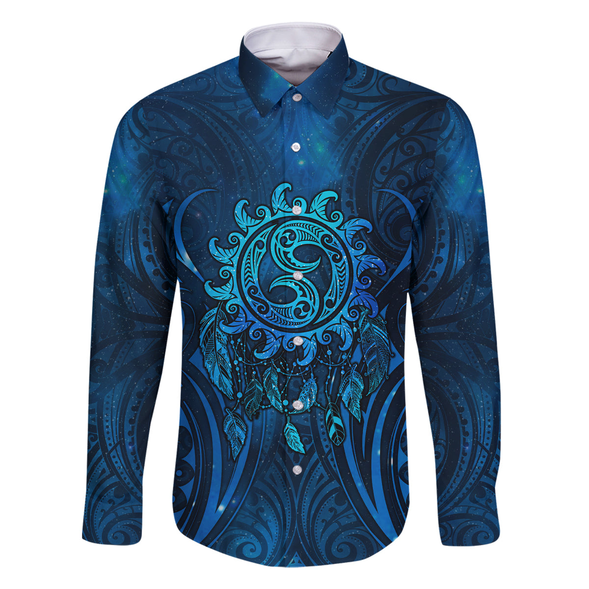 New Zealand Dream Catcher Family Matching Long Sleeve Bodycon Dress and Hawaiian Shirt Maori Koru Pattern Blue Version LT05 Dad's Shirt - Long Sleeve Blue - Polynesian Pride