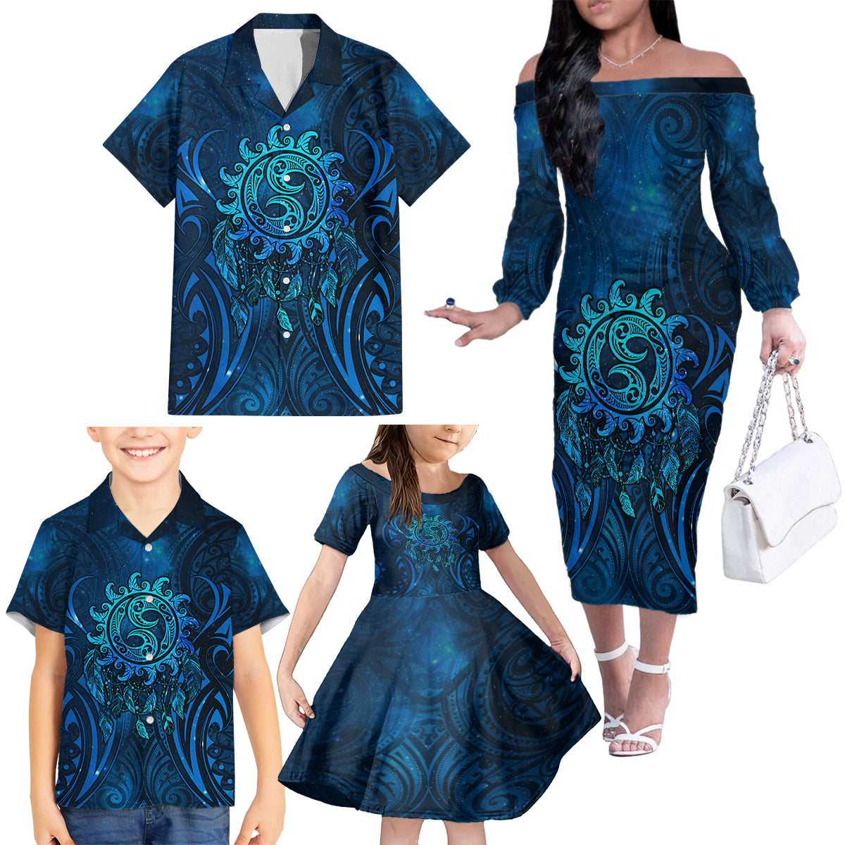 New Zealand Dream Catcher Family Matching Off The Shoulder Long Sleeve Dress and Hawaiian Shirt Maori Koru Pattern Blue Version