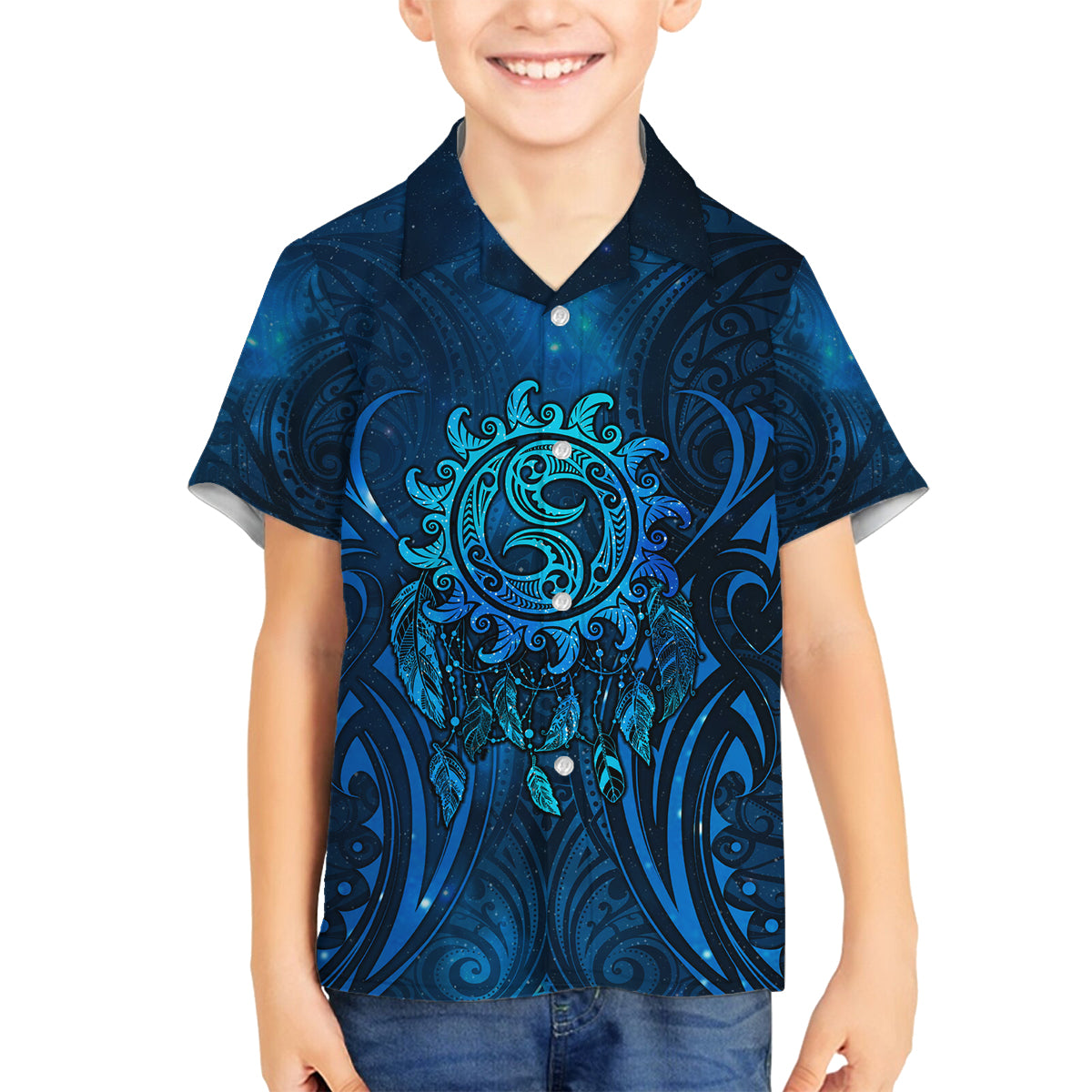 New Zealand Dream Catcher Family Matching Puletasi and Hawaiian Shirt Maori Koru Pattern Blue Version LT05 Son's Shirt Blue - Polynesian Pride