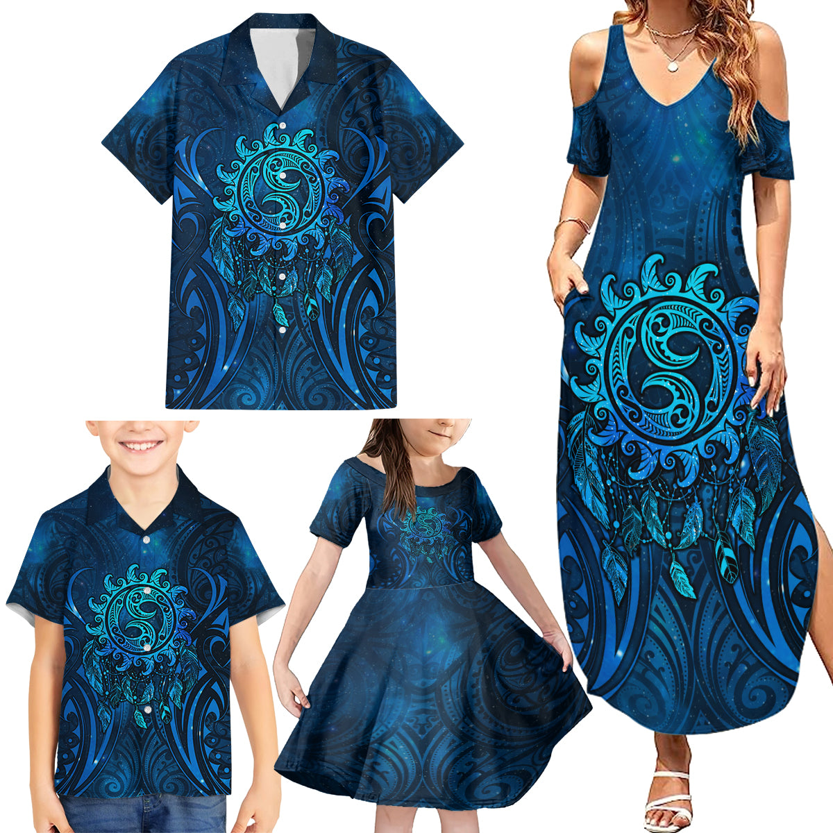 New Zealand Dream Catcher Family Matching Summer Maxi Dress and Hawaiian Shirt Maori Koru Pattern Blue Version