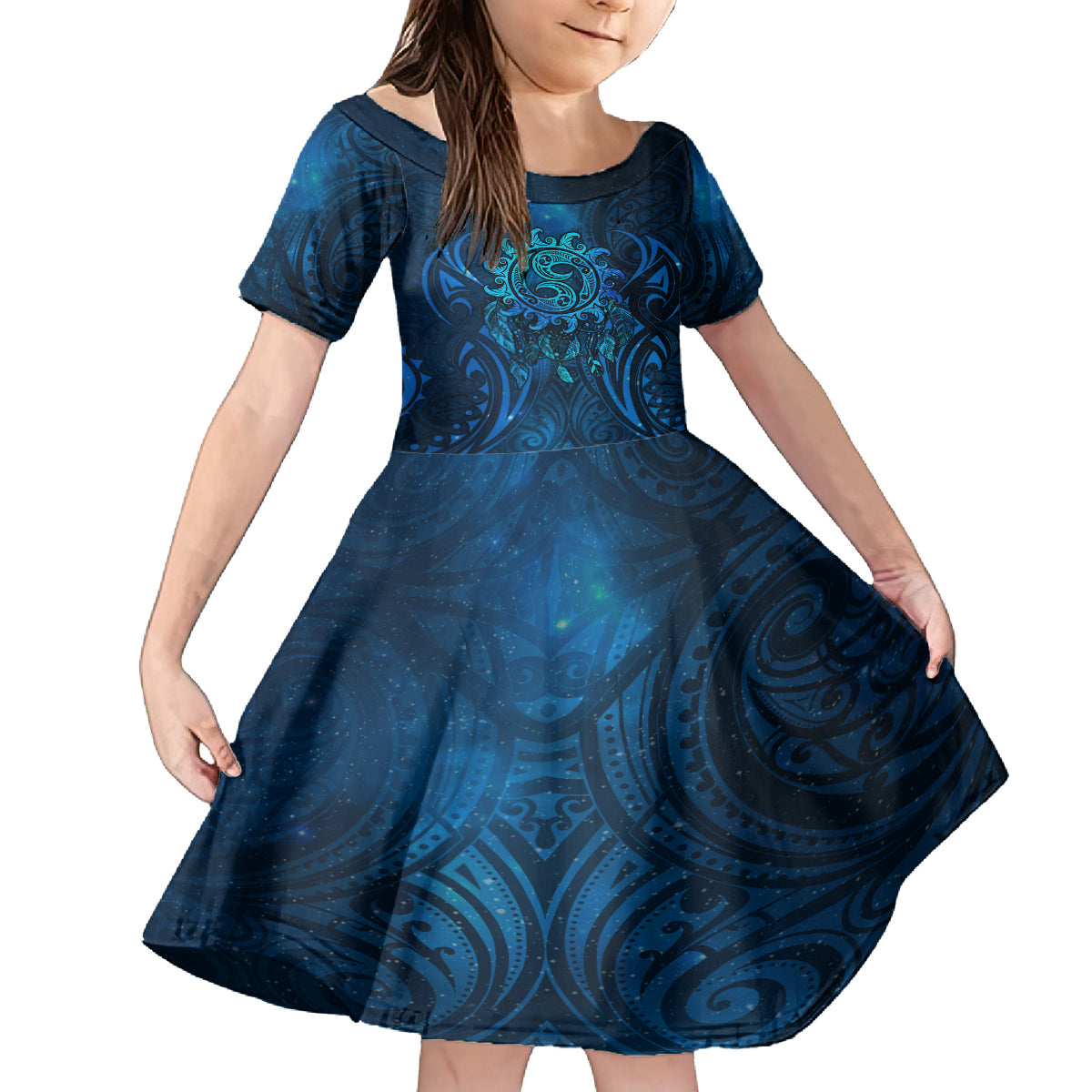 New Zealand Dream Catcher Kid Short Sleeve Dress Maori Koru Pattern Blue Version