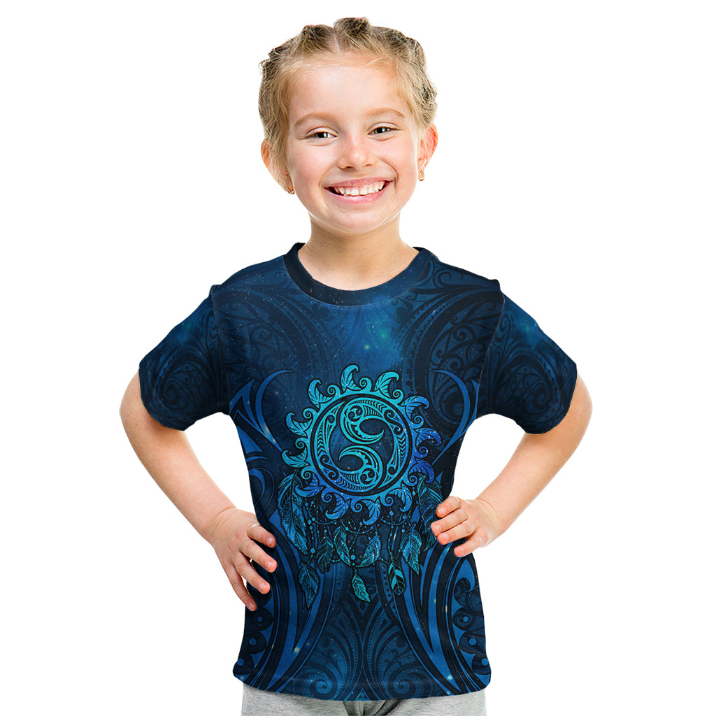 New Zealand Dream Catcher Kid T Shirt Maori Koru Pattern Blue Version