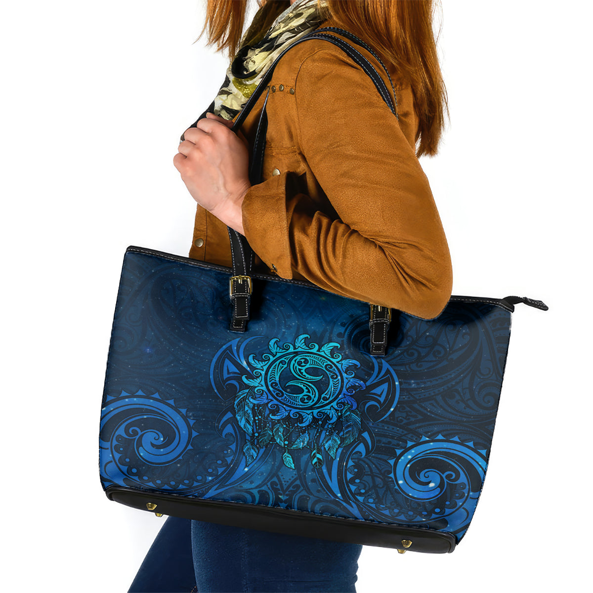 New Zealand Dream Catcher Leather Tote Bag Maori Koru Pattern Blue Version LT05 Blue - Polynesian Pride