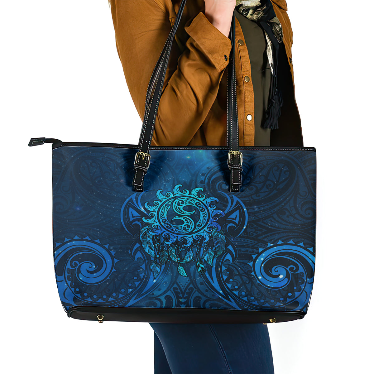 New Zealand Dream Catcher Leather Tote Bag Maori Koru Pattern Blue Version LT05 - Polynesian Pride