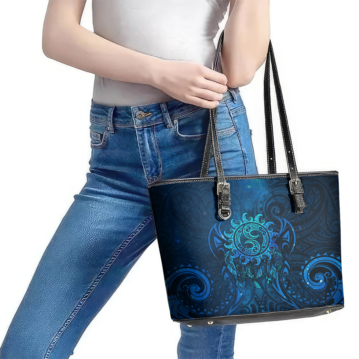New Zealand Dream Catcher Leather Tote Bag Maori Koru Pattern Blue Version LT05 - Polynesian Pride