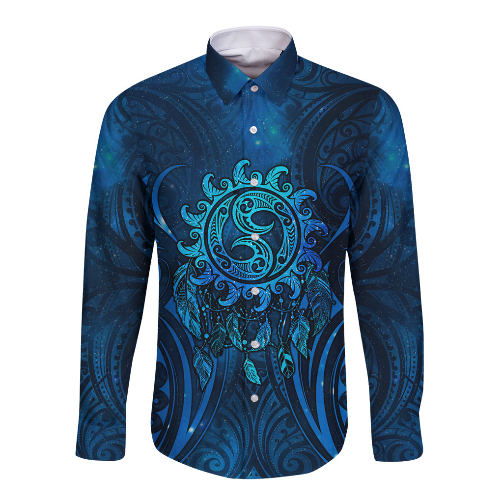 New Zealand Dream Catcher Long Sleeve Button Shirt Maori Koru Pattern Blue Version