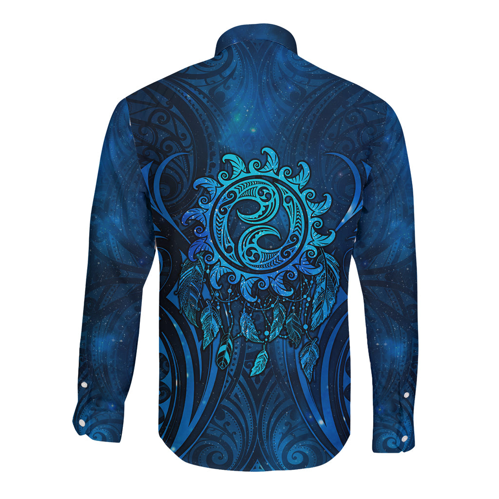 New Zealand Dream Catcher Long Sleeve Button Shirt Maori Koru Pattern Blue Version