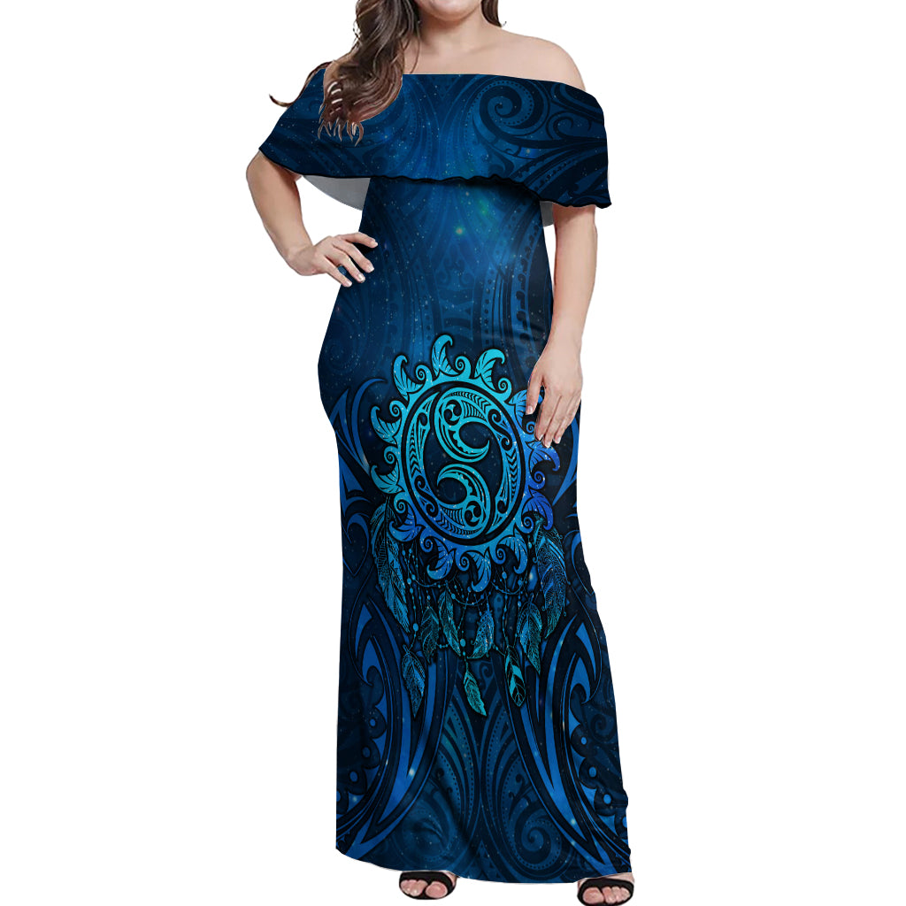 New Zealand Dream Catcher Off Shoulder Maxi Dress Maori Koru Pattern Blue Version