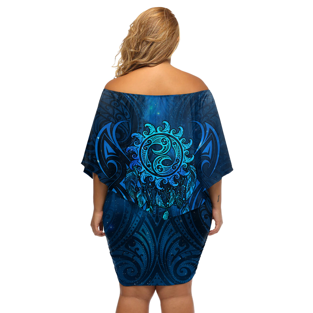 New Zealand Dream Catcher Off Shoulder Short Dress Maori Koru Pattern Blue Version