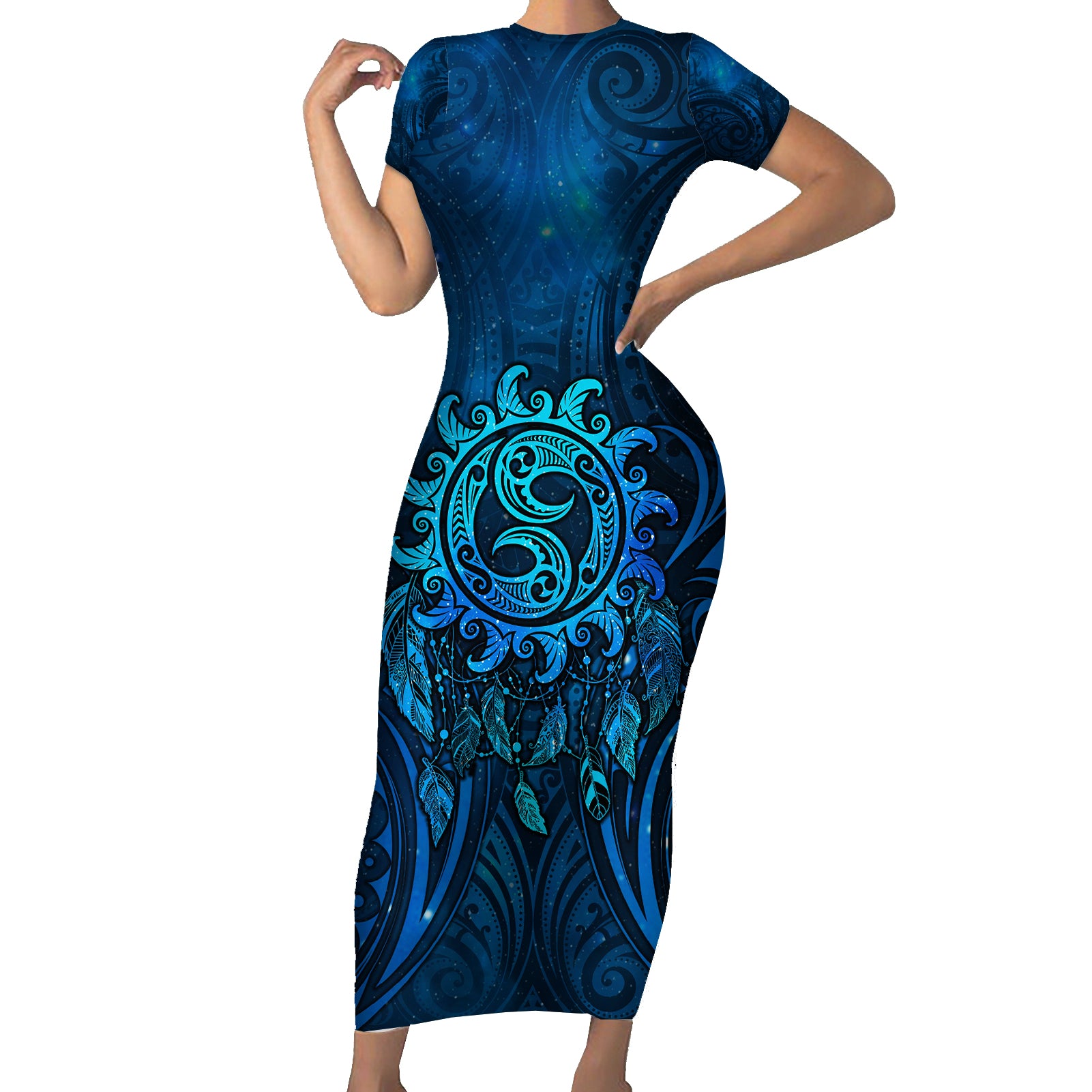 New Zealand Dream Catcher Short Sleeve Bodycon Dress Maori Koru Pattern Blue Version
