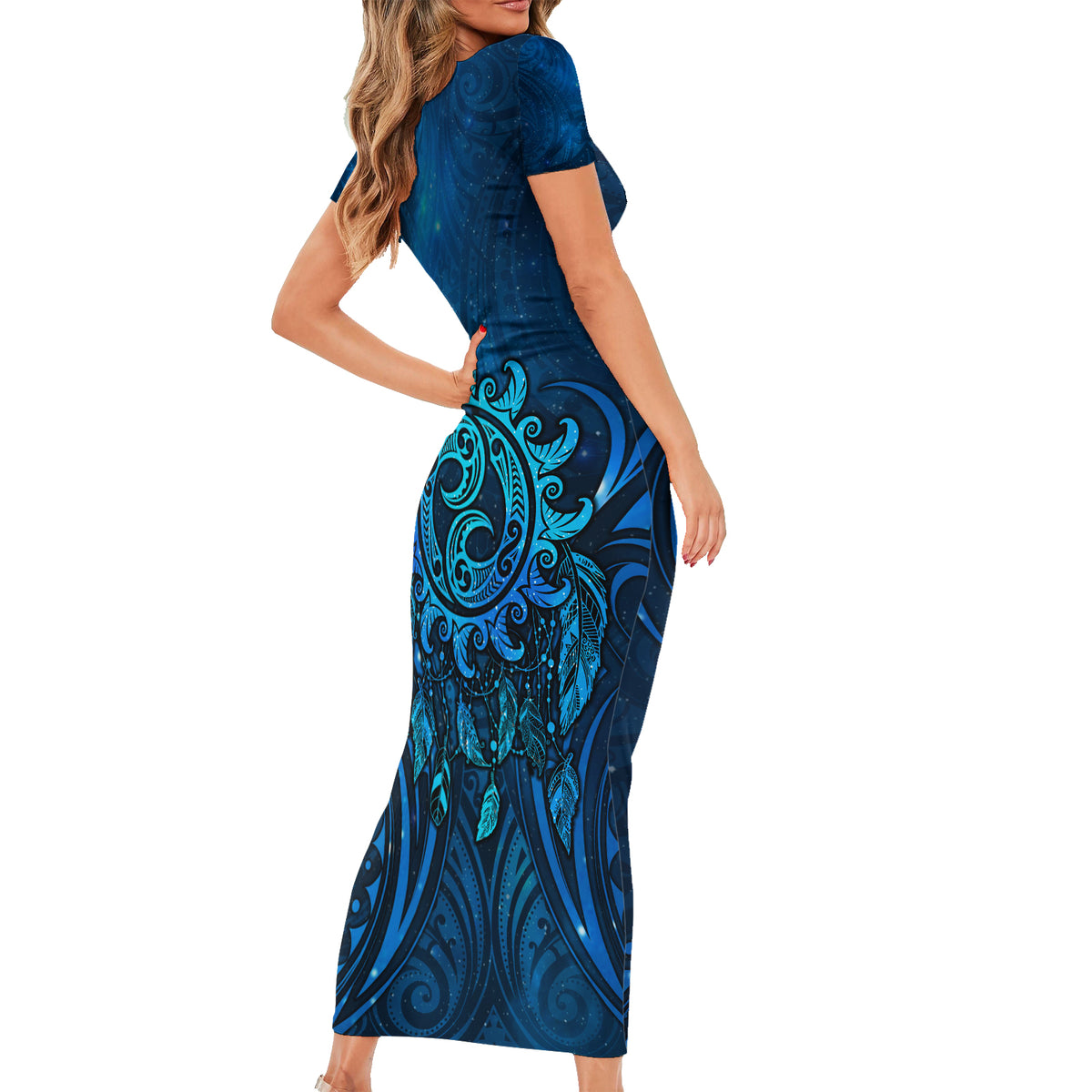 New Zealand Dream Catcher Short Sleeve Bodycon Dress Maori Koru Pattern Blue Version