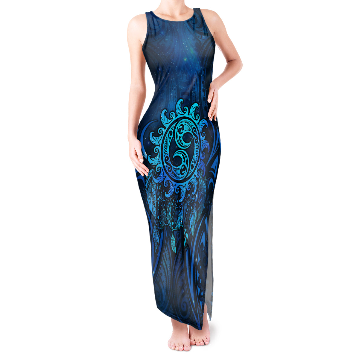 New Zealand Dream Catcher Tank Maxi Dress Maori Koru Pattern Blue Version