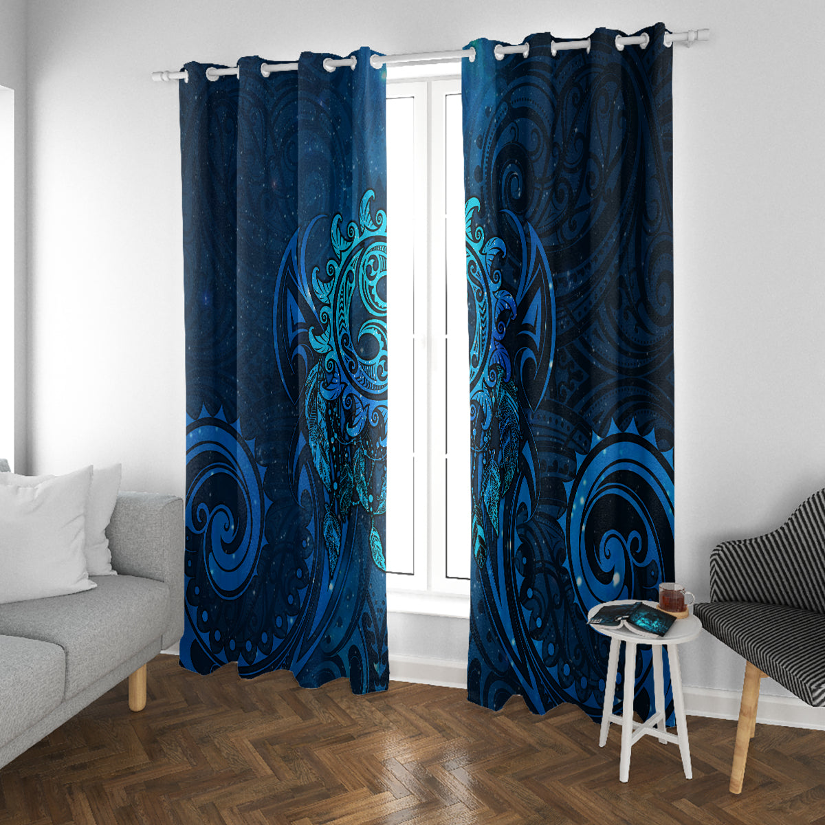 New Zealand Dream Catcher Window Curtain Maori Koru Pattern Blue Version LT05 With Grommets Blue - Polynesian Pride