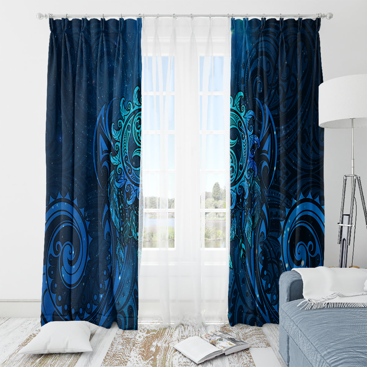 New Zealand Dream Catcher Window Curtain Maori Koru Pattern Blue Version LT05 - Polynesian Pride