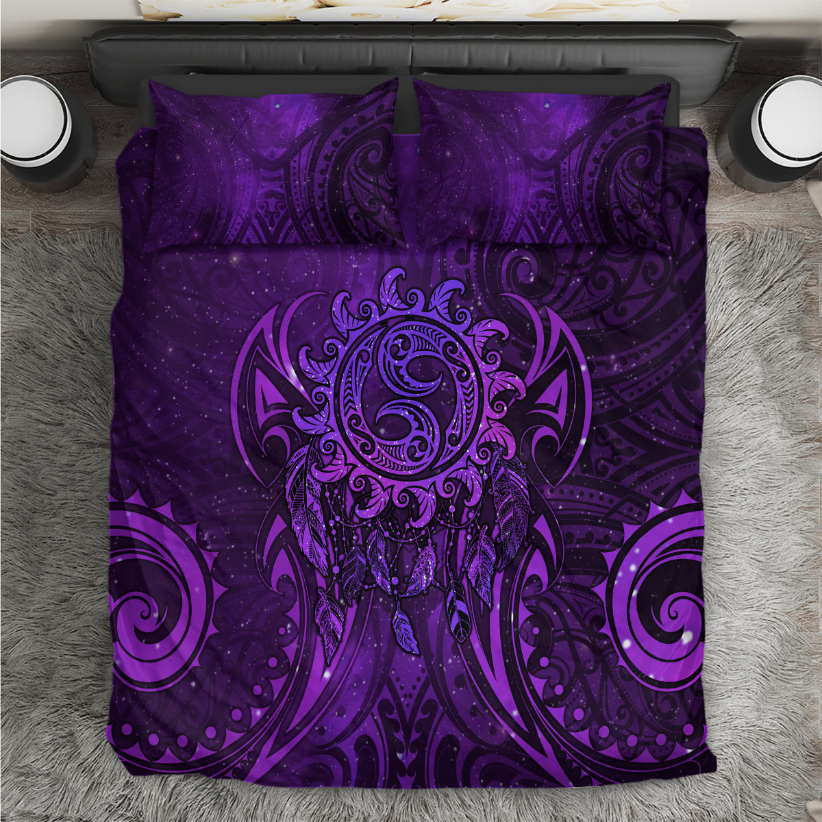 New Zealand Dream Catcher Bedding Set Maori Koru Pattern Purple Version