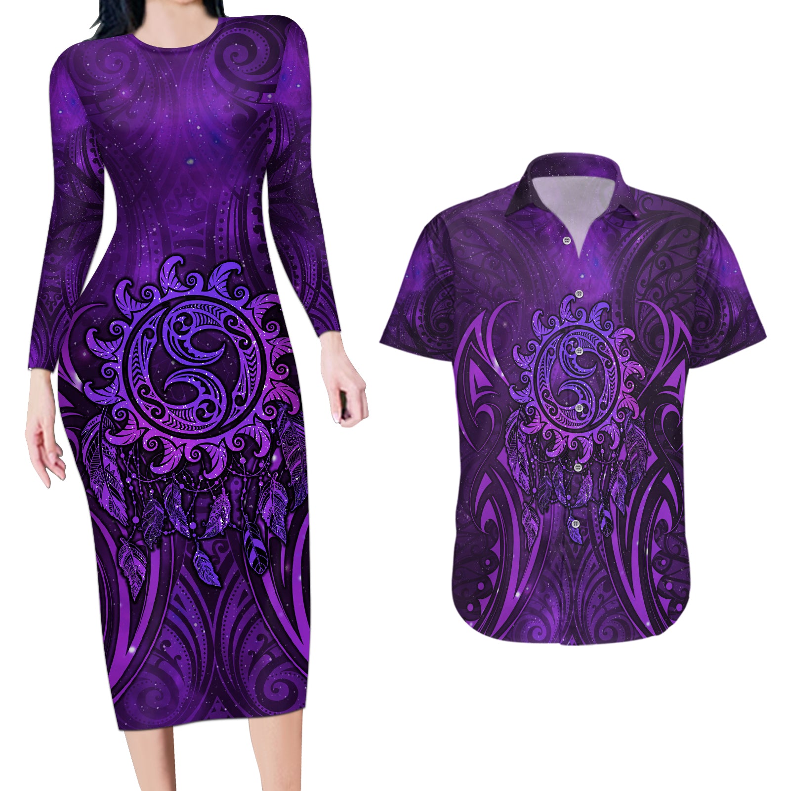 New Zealand Dream Catcher Couples Matching Long Sleeve Bodycon Dress and Hawaiian Shirt Maori Koru Pattern Purple Version