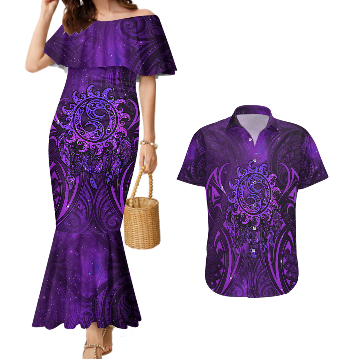 New Zealand Dream Catcher Couples Matching Mermaid Dress and Hawaiian Shirt Maori Koru Pattern Purple Version