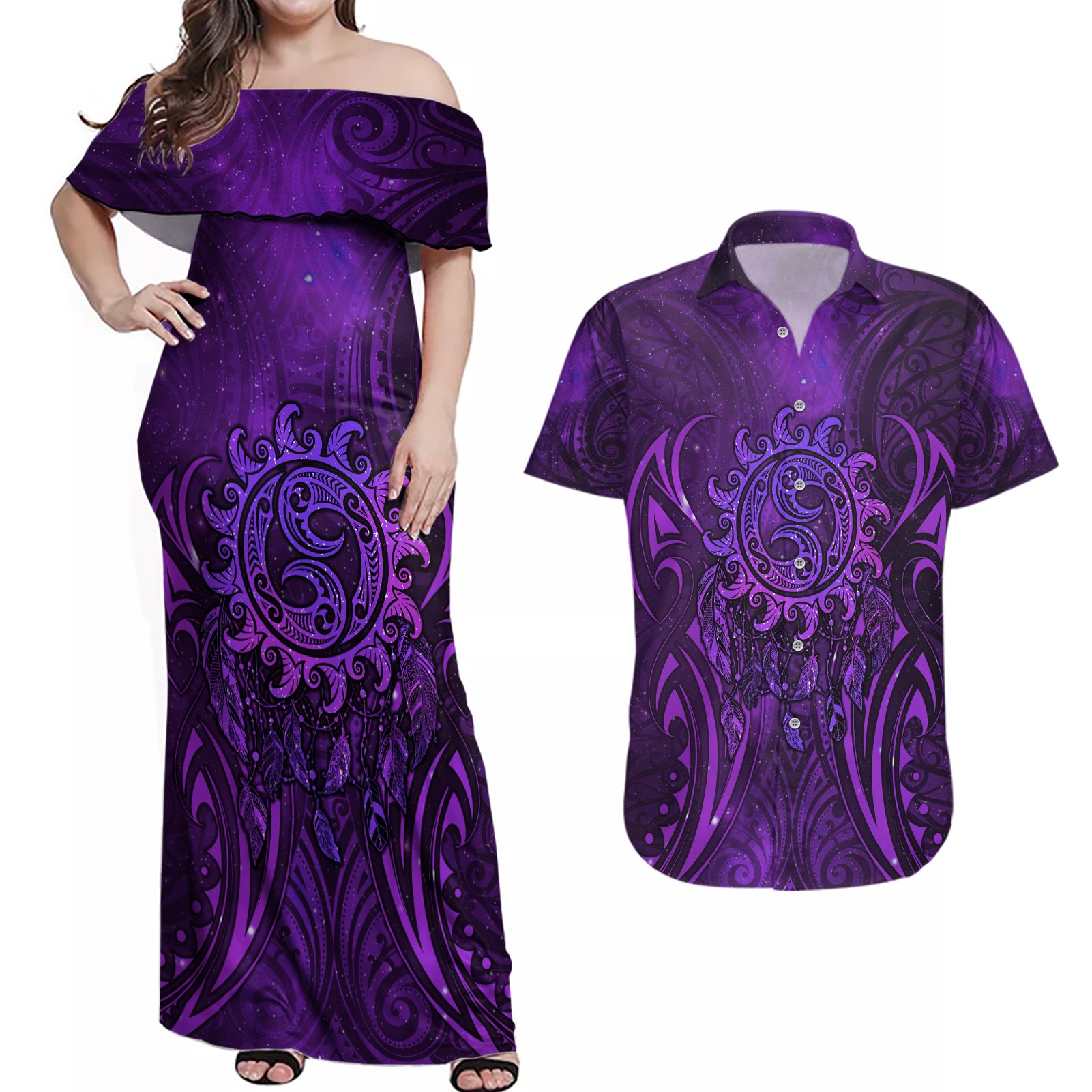 New Zealand Dream Catcher Couples Matching Off Shoulder Maxi Dress and Hawaiian Shirt Maori Koru Pattern Purple Version