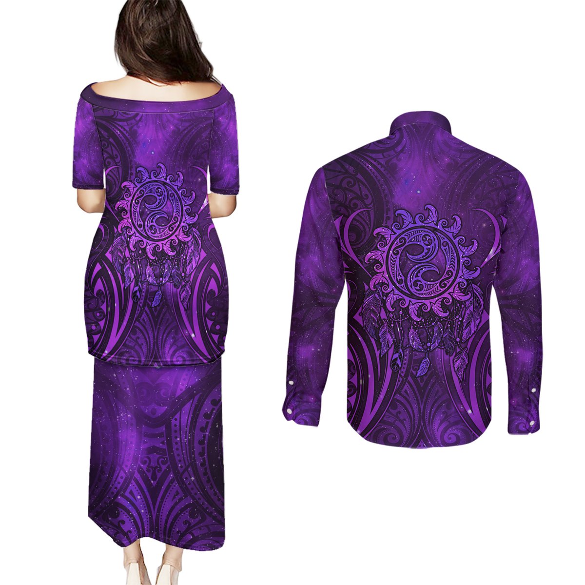 New Zealand Dream Catcher Couples Matching Puletasi and Long Sleeve Button Shirt Maori Koru Pattern Purple Version LT05 - Polynesian Pride