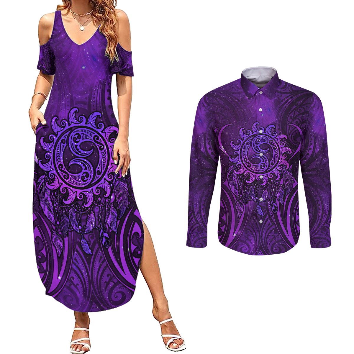 New Zealand Dream Catcher Couples Matching Summer Maxi Dress and Long Sleeve Button Shirt Maori Koru Pattern Purple Version