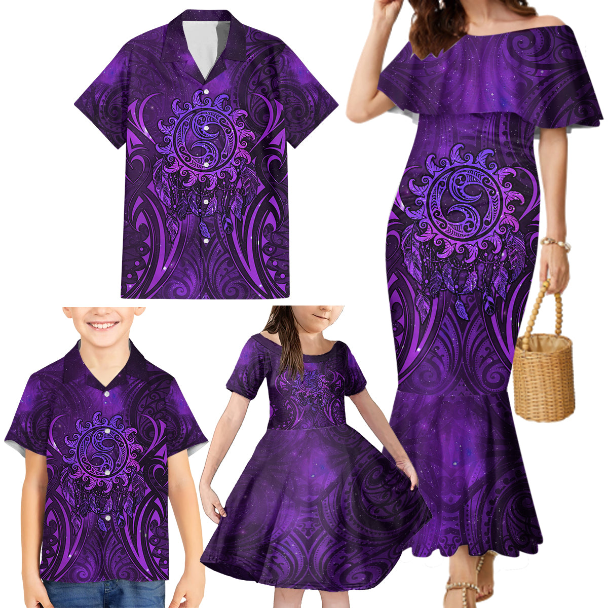 New Zealand Dream Catcher Family Matching Mermaid Dress and Hawaiian Shirt Maori Koru Pattern Purple Version