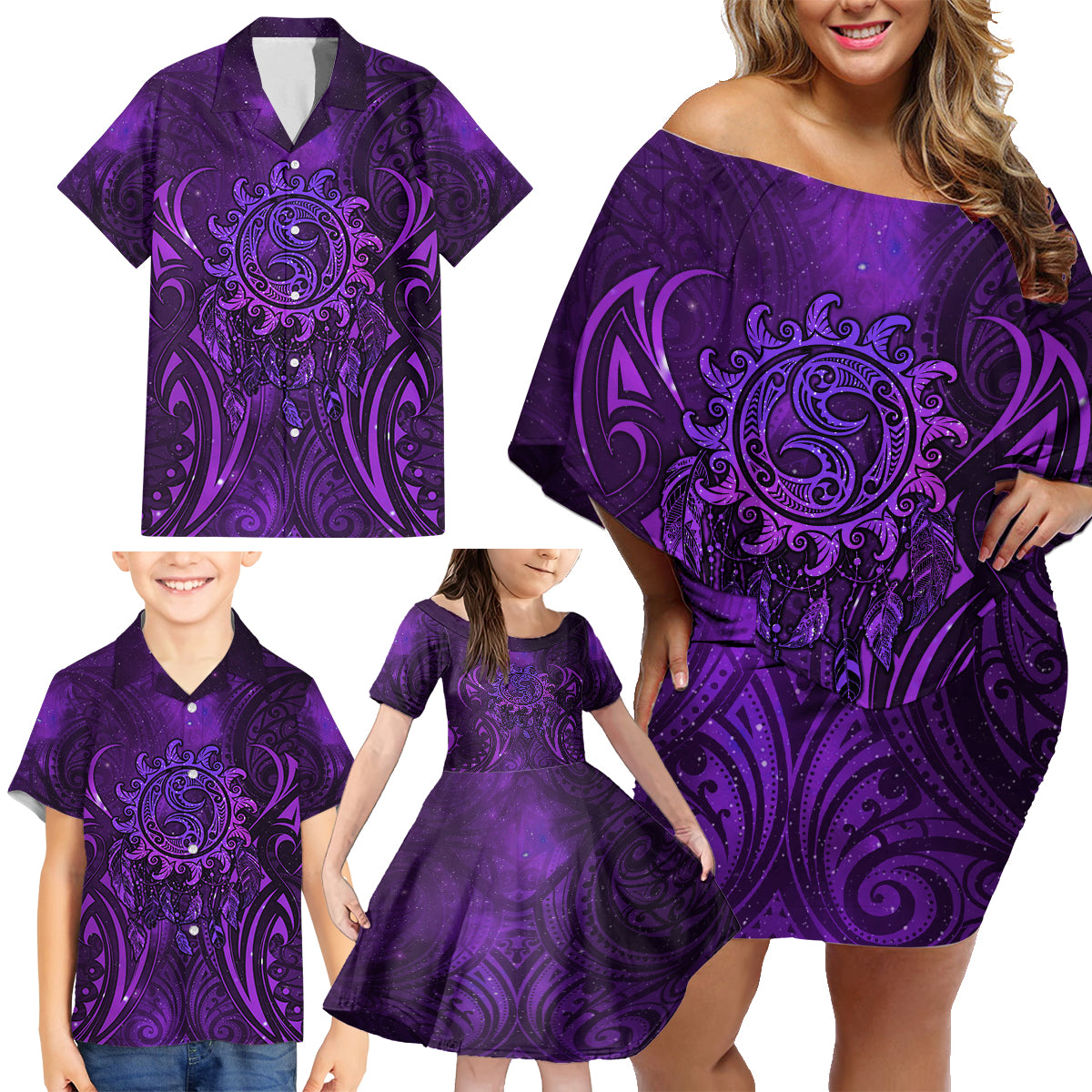 New Zealand Dream Catcher Family Matching Off Shoulder Short Dress and Hawaiian Shirt Maori Koru Pattern Purple Version