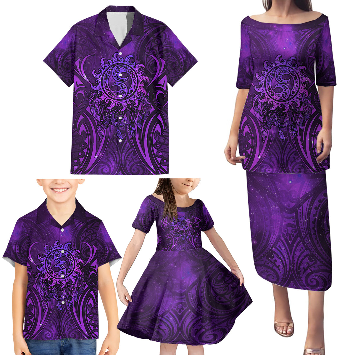 New Zealand Dream Catcher Family Matching Puletasi and Hawaiian Shirt Maori Koru Pattern Purple Version