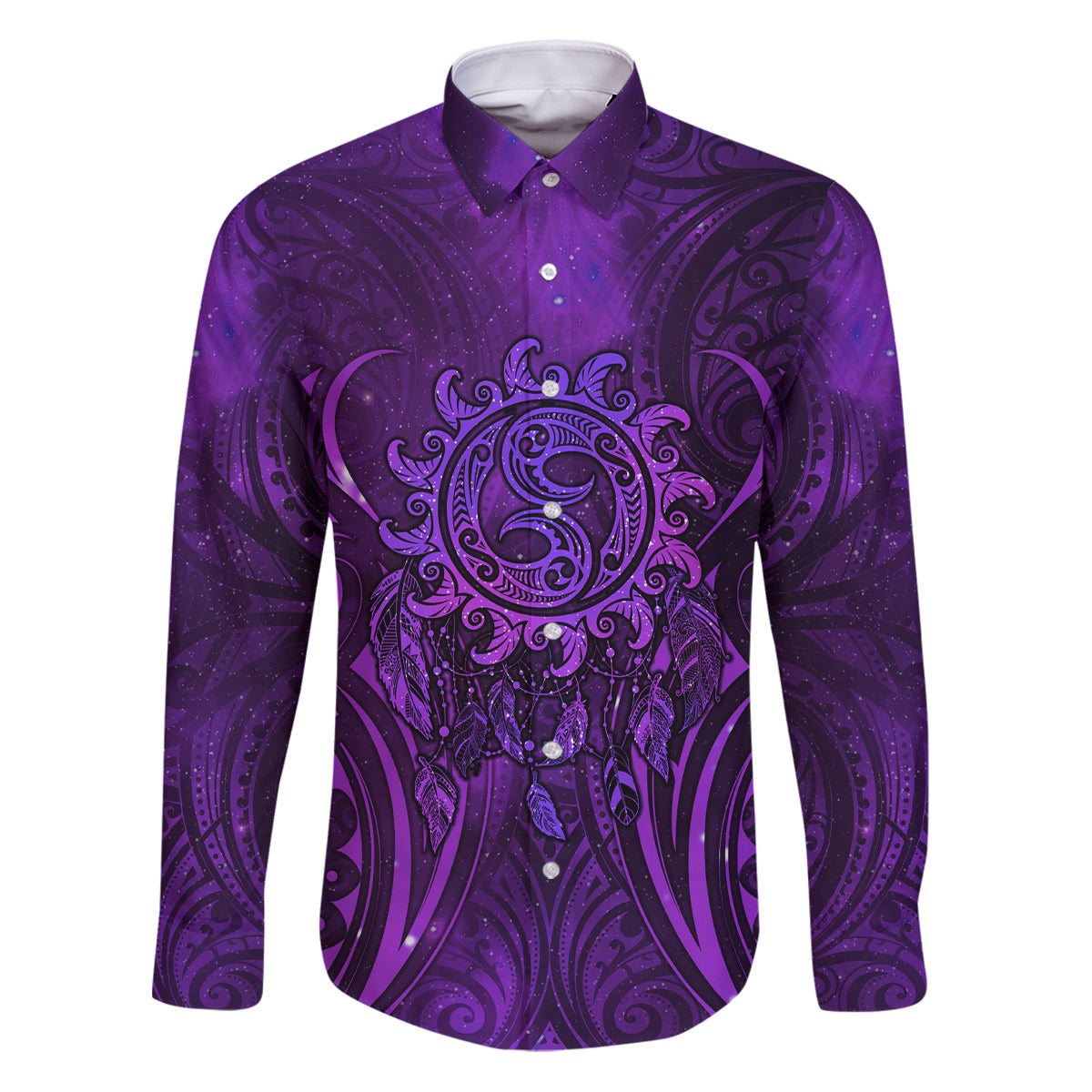 New Zealand Dream Catcher Family Matching Puletasi and Hawaiian Shirt Maori Koru Pattern Purple Version LT05 Dad's Shirt - Long Sleeve Purple - Polynesian Pride