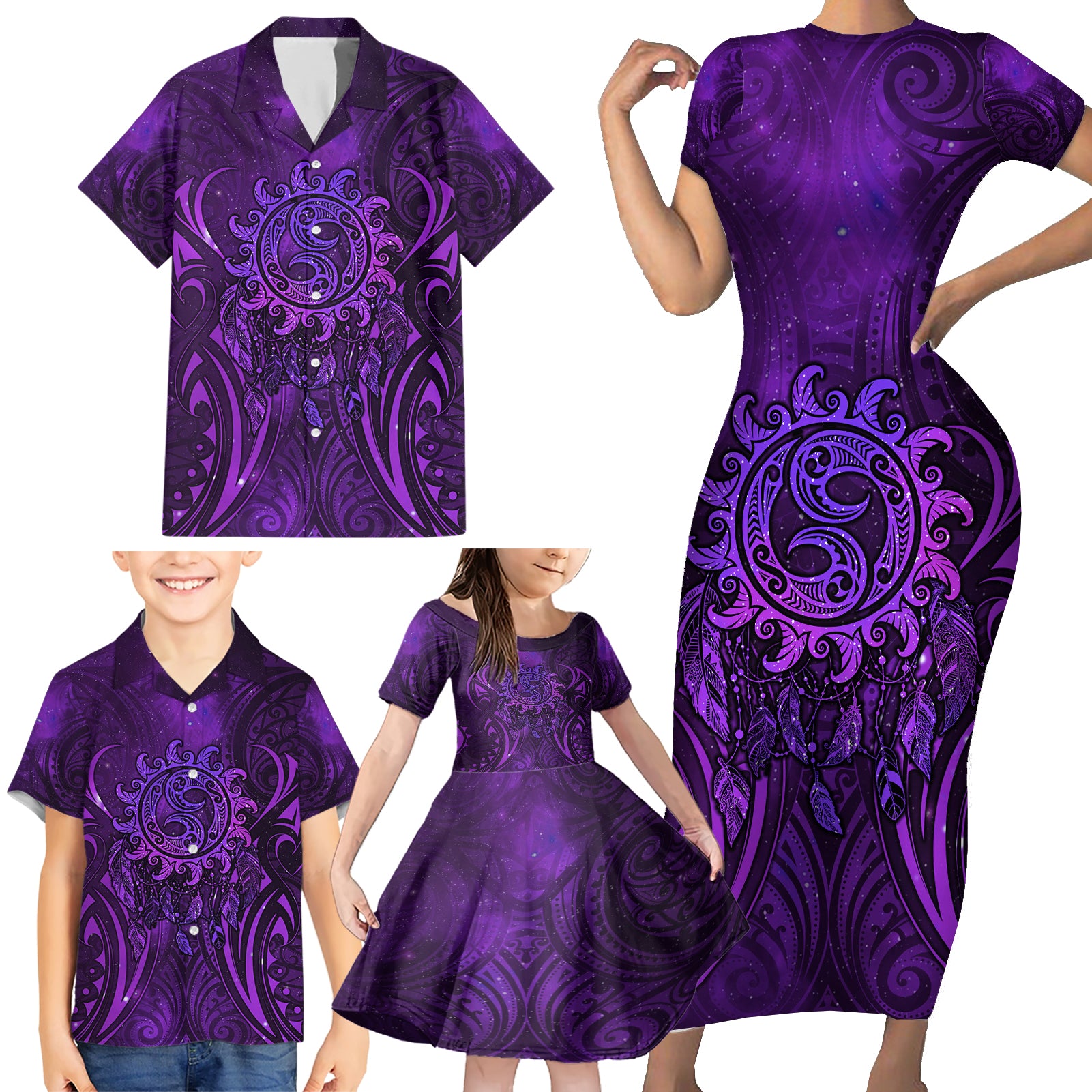 New Zealand Dream Catcher Family Matching Short Sleeve Bodycon Dress and Hawaiian Shirt Maori Koru Pattern Purple Version