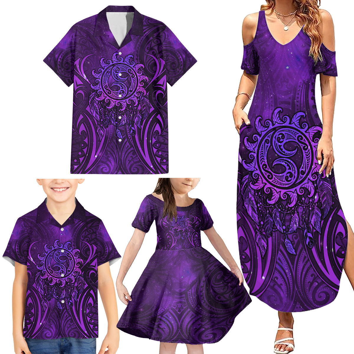 New Zealand Dream Catcher Family Matching Summer Maxi Dress and Hawaiian Shirt Maori Koru Pattern Purple Version