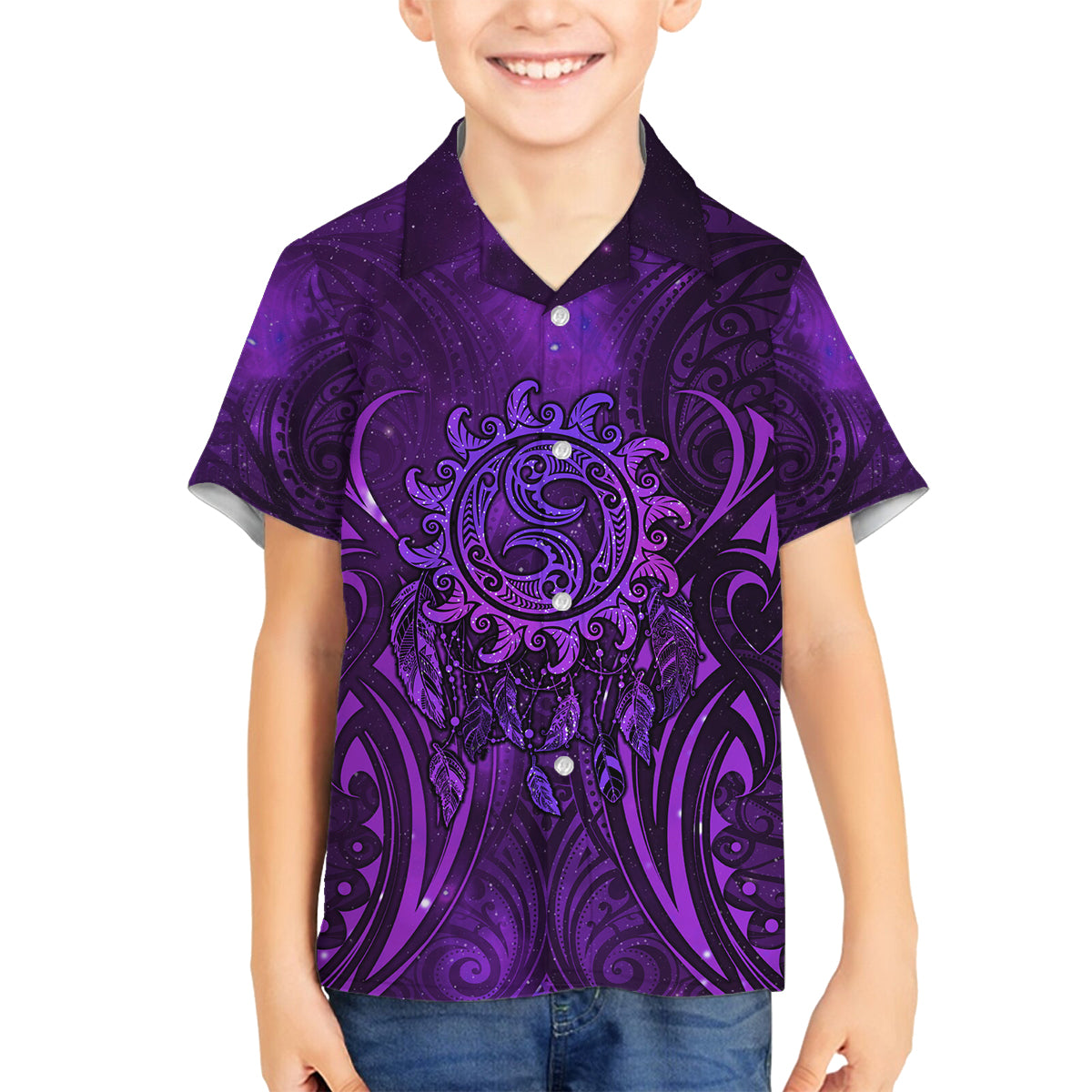 New Zealand Dream Catcher Family Matching Summer Maxi Dress and Hawaiian Shirt Maori Koru Pattern Purple Version