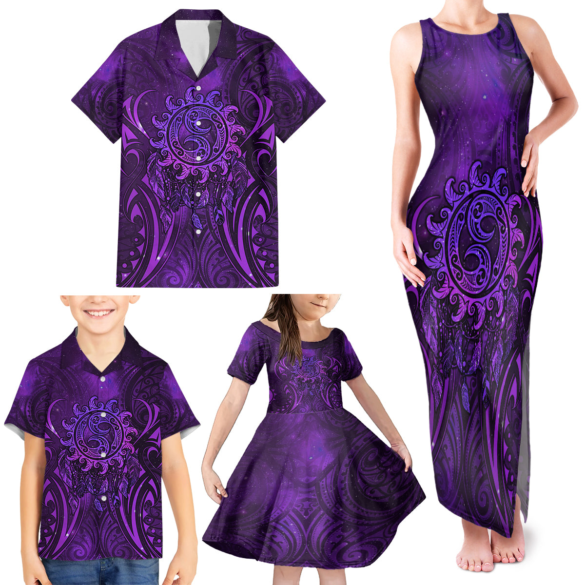 New Zealand Dream Catcher Family Matching Tank Maxi Dress and Hawaiian Shirt Maori Koru Pattern Purple Version