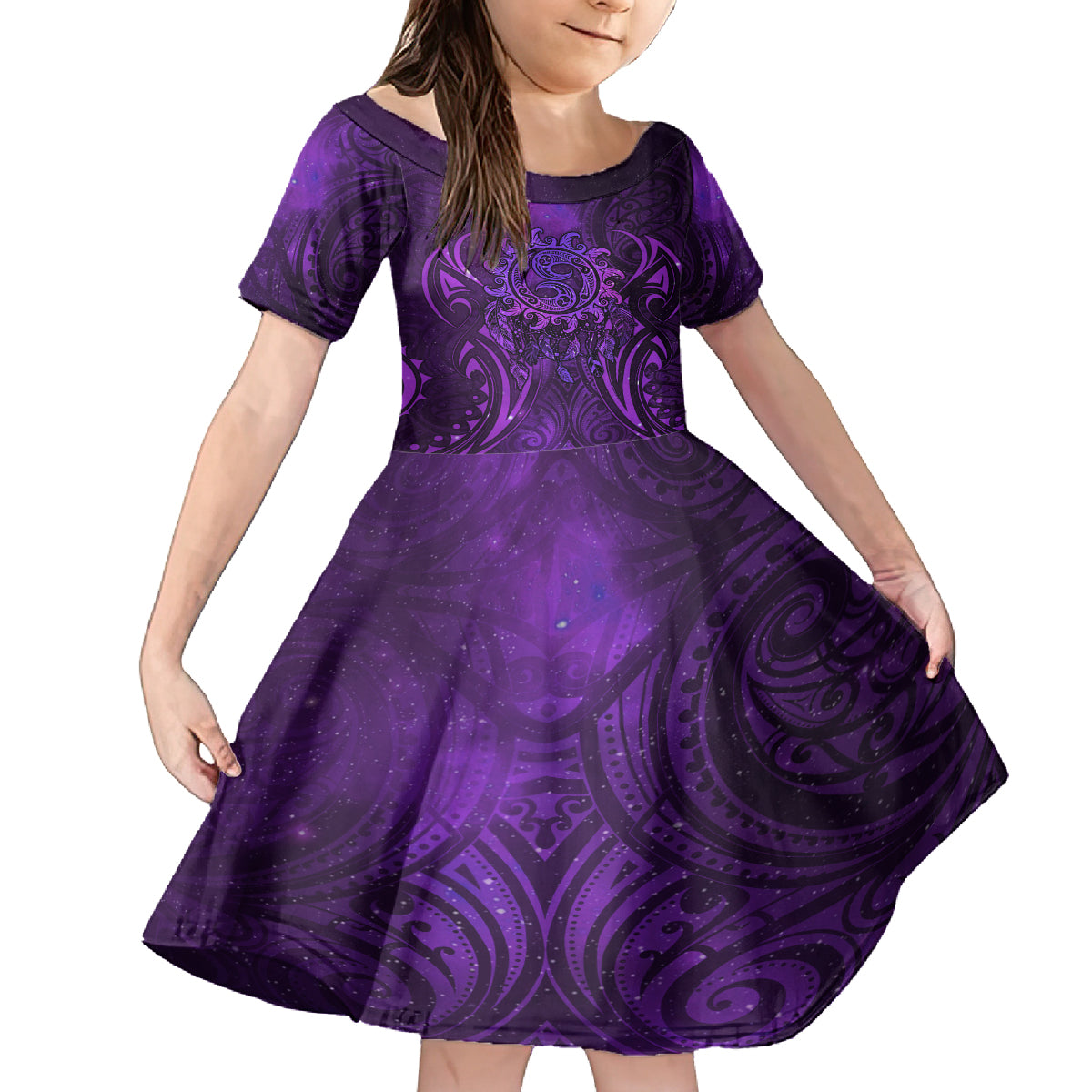 New Zealand Dream Catcher Kid Short Sleeve Dress Maori Koru Pattern Purple Version