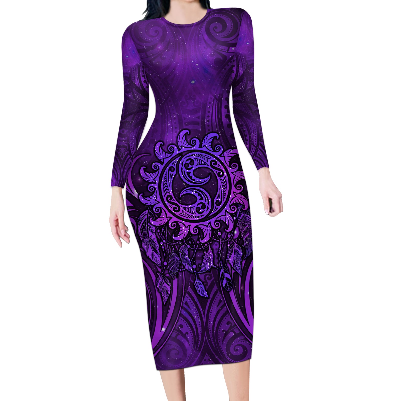 New Zealand Dream Catcher Long Sleeve Bodycon Dress Maori Koru Pattern Purple Version