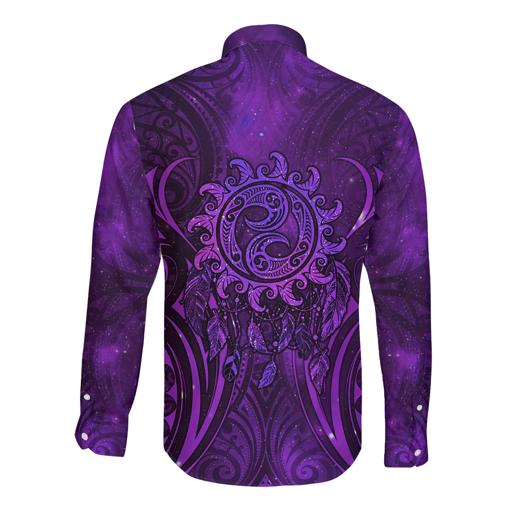 New Zealand Dream Catcher Long Sleeve Button Shirt Maori Koru Pattern Purple Version