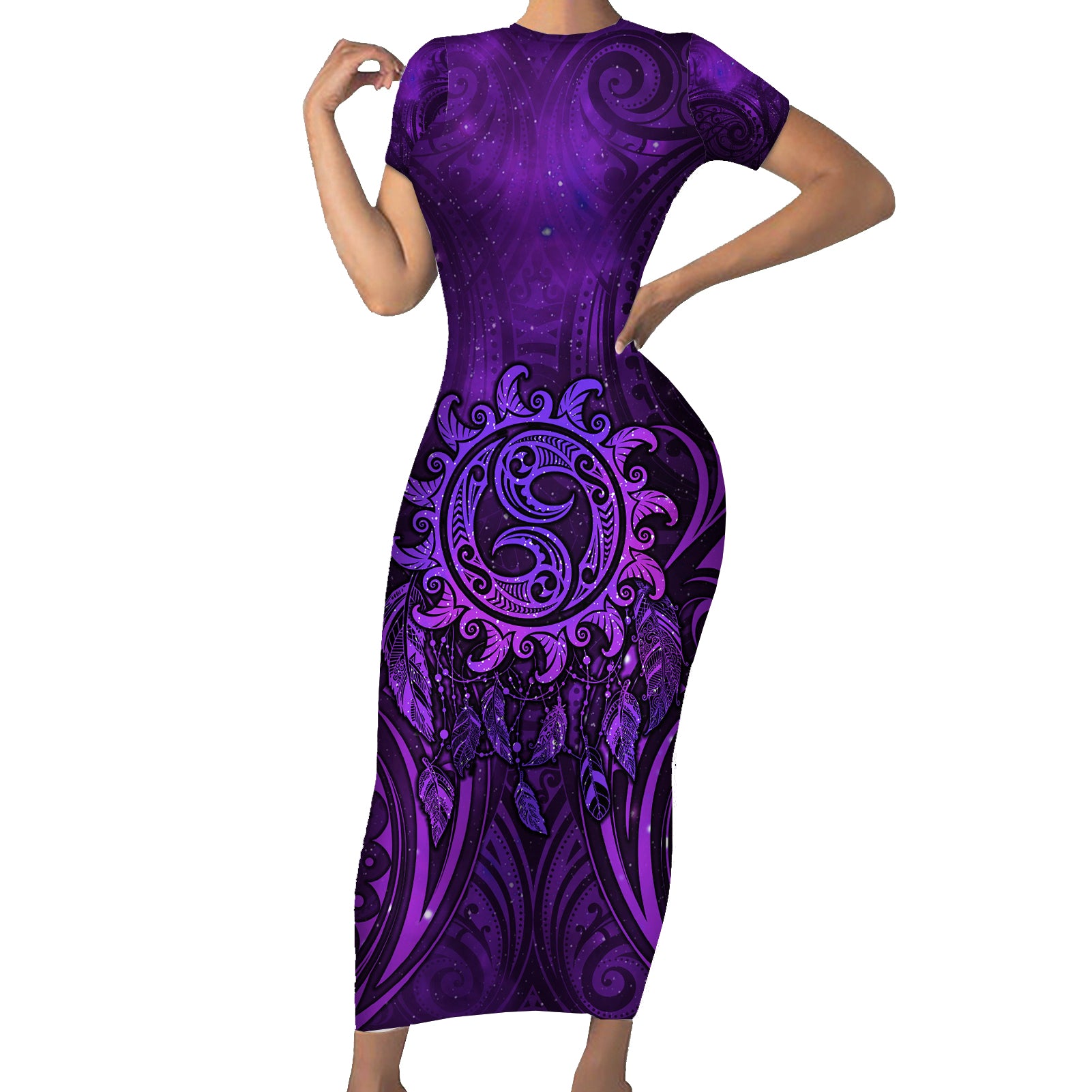 New Zealand Dream Catcher Short Sleeve Bodycon Dress Maori Koru Pattern Purple Version