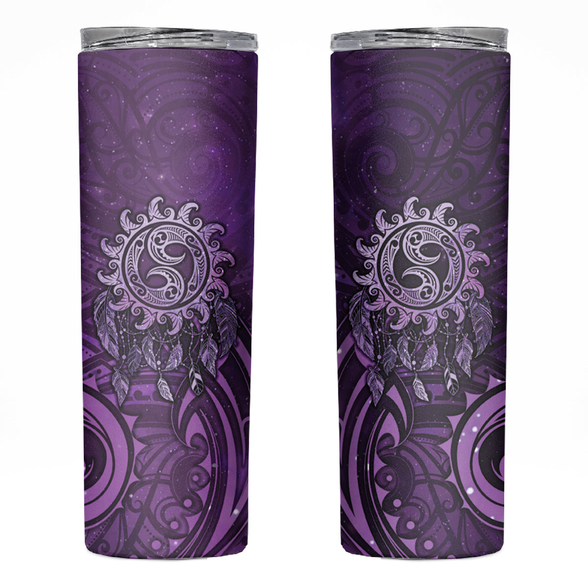 New Zealand Dream Catcher Skinny Tumbler Maori Koru Pattern Purple Version