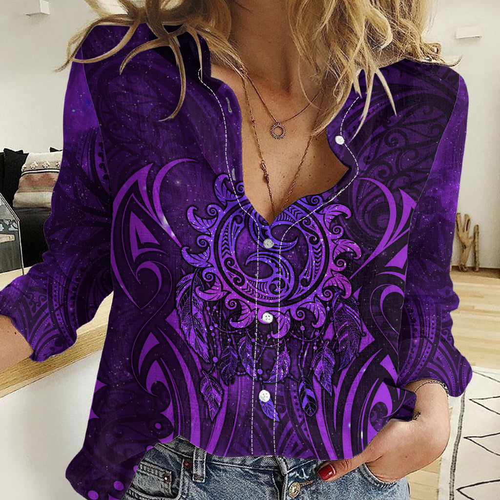 New Zealand Dream Catcher Women Casual Shirt Maori Koru Pattern Purple Version