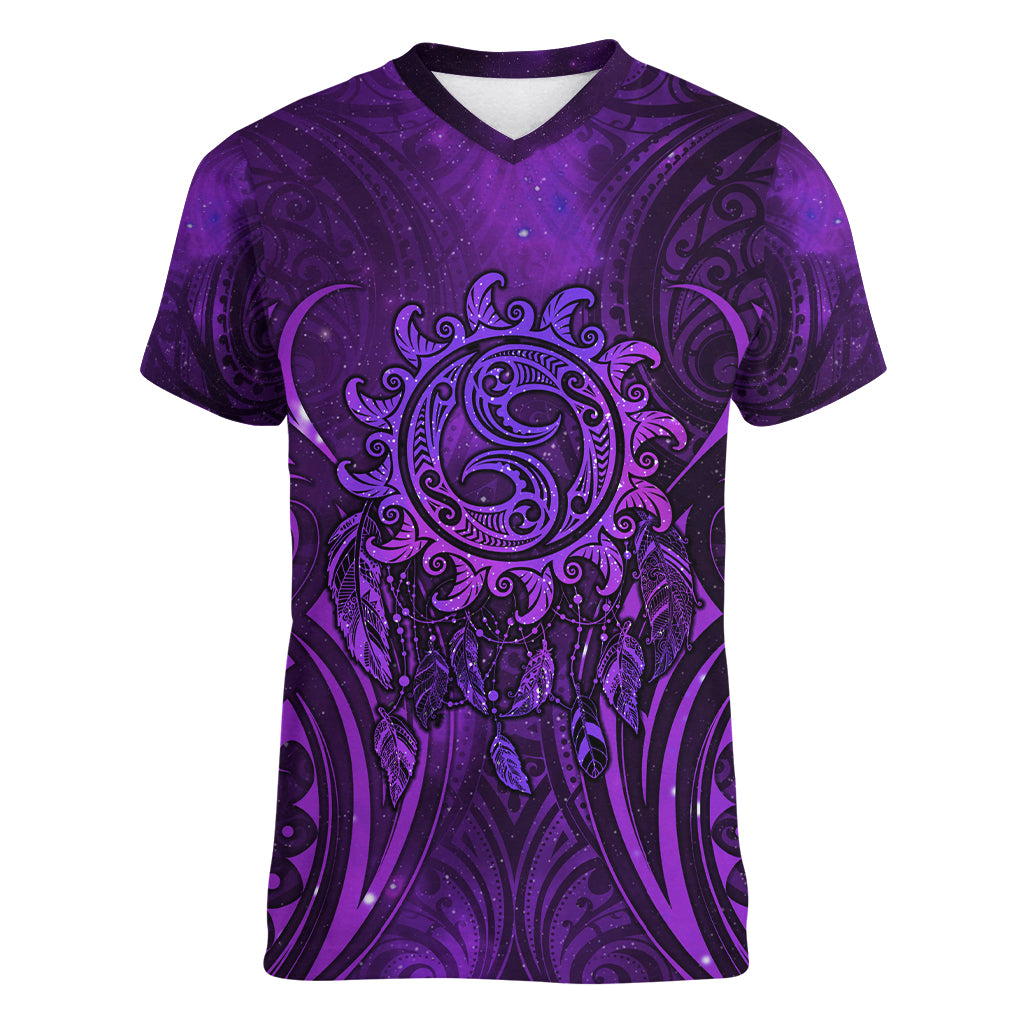 New Zealand Dream Catcher Women V-Neck T-Shirt Maori Koru Pattern Purple Version