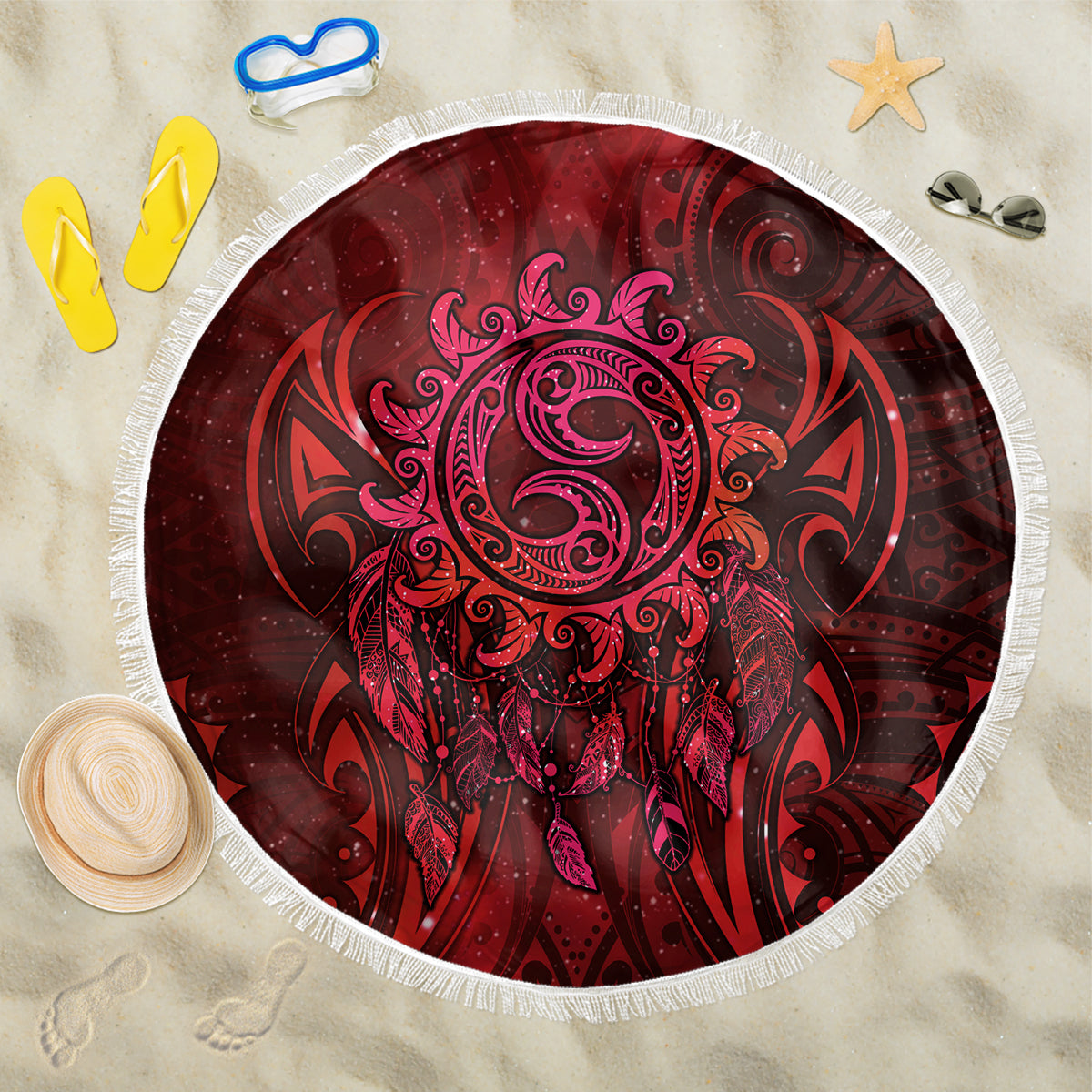 New Zealand Dream Catcher Beach Blanket Maori Koru Pattern Red Version