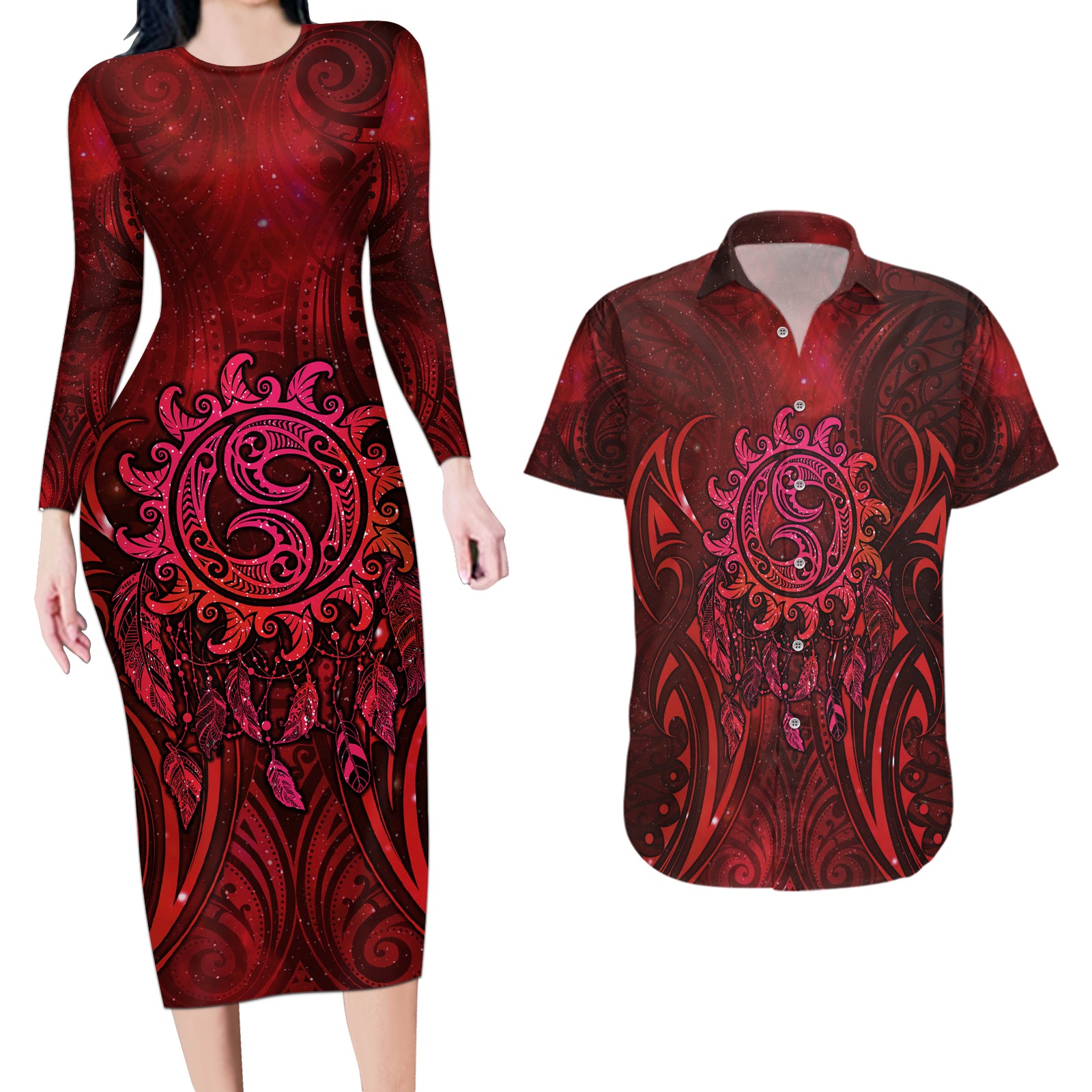 New Zealand Dream Catcher Couples Matching Long Sleeve Bodycon Dress and Hawaiian Shirt Maori Koru Pattern Red Version LT05 Red - Polynesian Pride