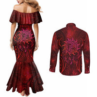 New Zealand Dream Catcher Couples Matching Mermaid Dress and Long Sleeve Button Shirt Maori Koru Pattern Red Version LT05 - Polynesian Pride